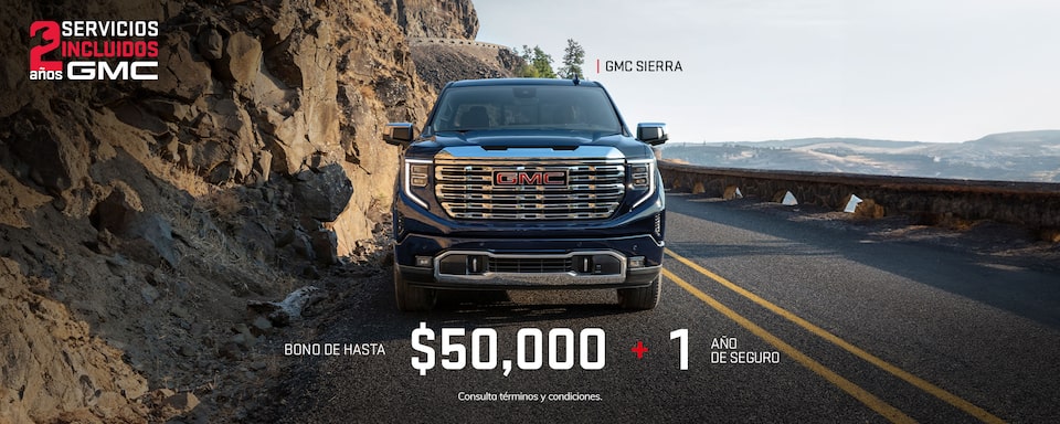 Estrena una poderosa pickup 4x4 premium, GMC Sierra. Obtén un bono de hasta $50,000 y un año de seguro